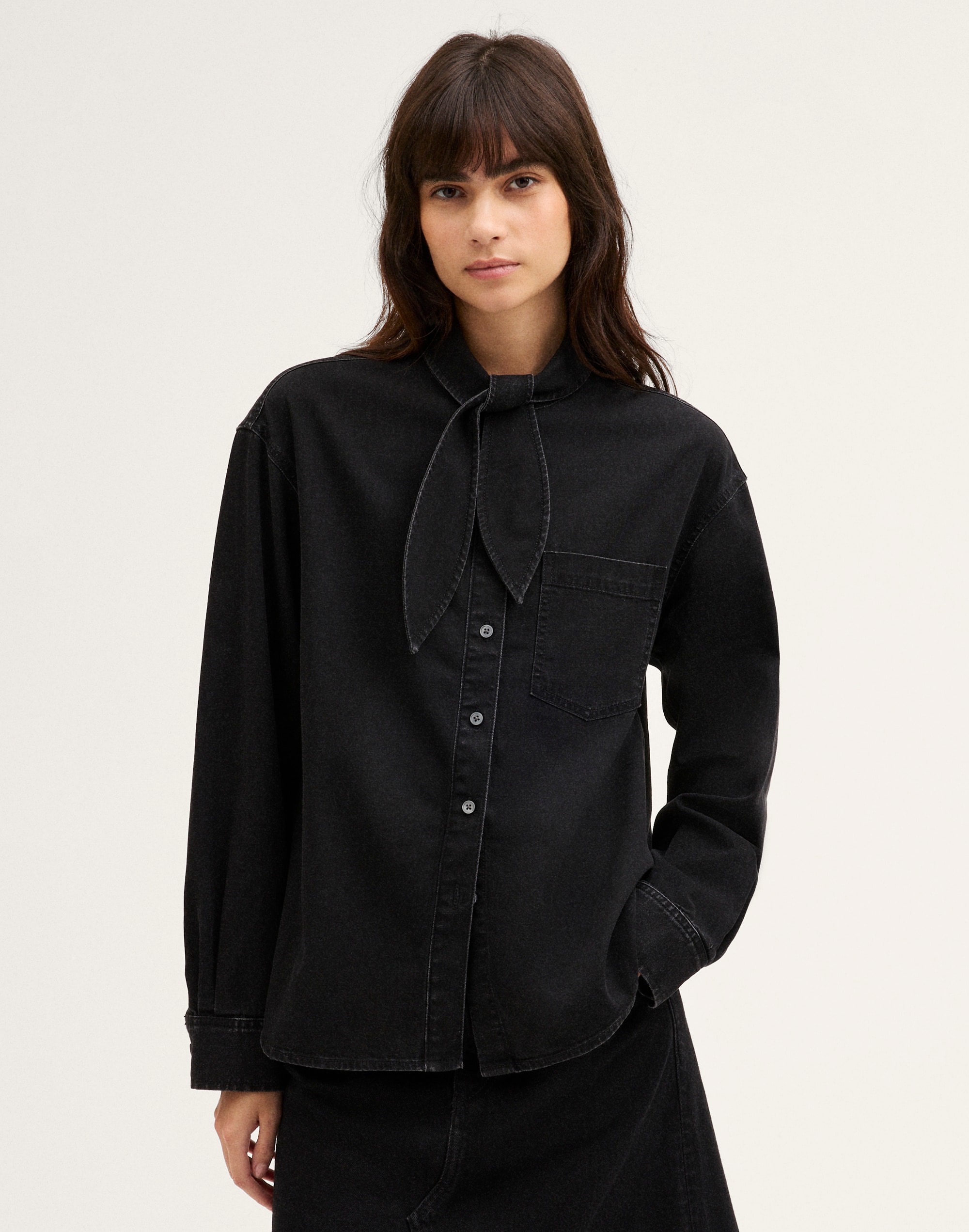 Denim Tie-Neck Shirt