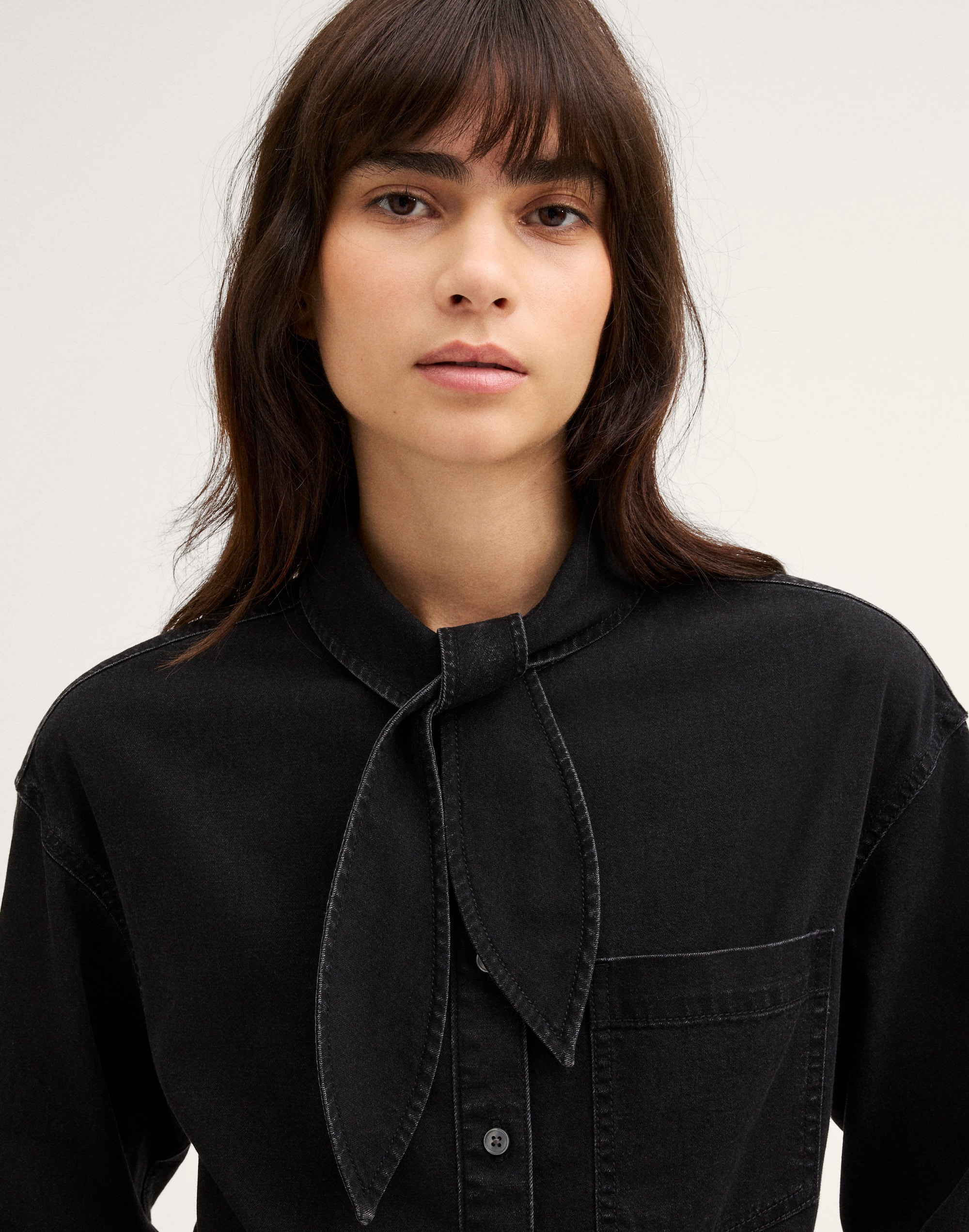 Denim Tie-Neck Shirt