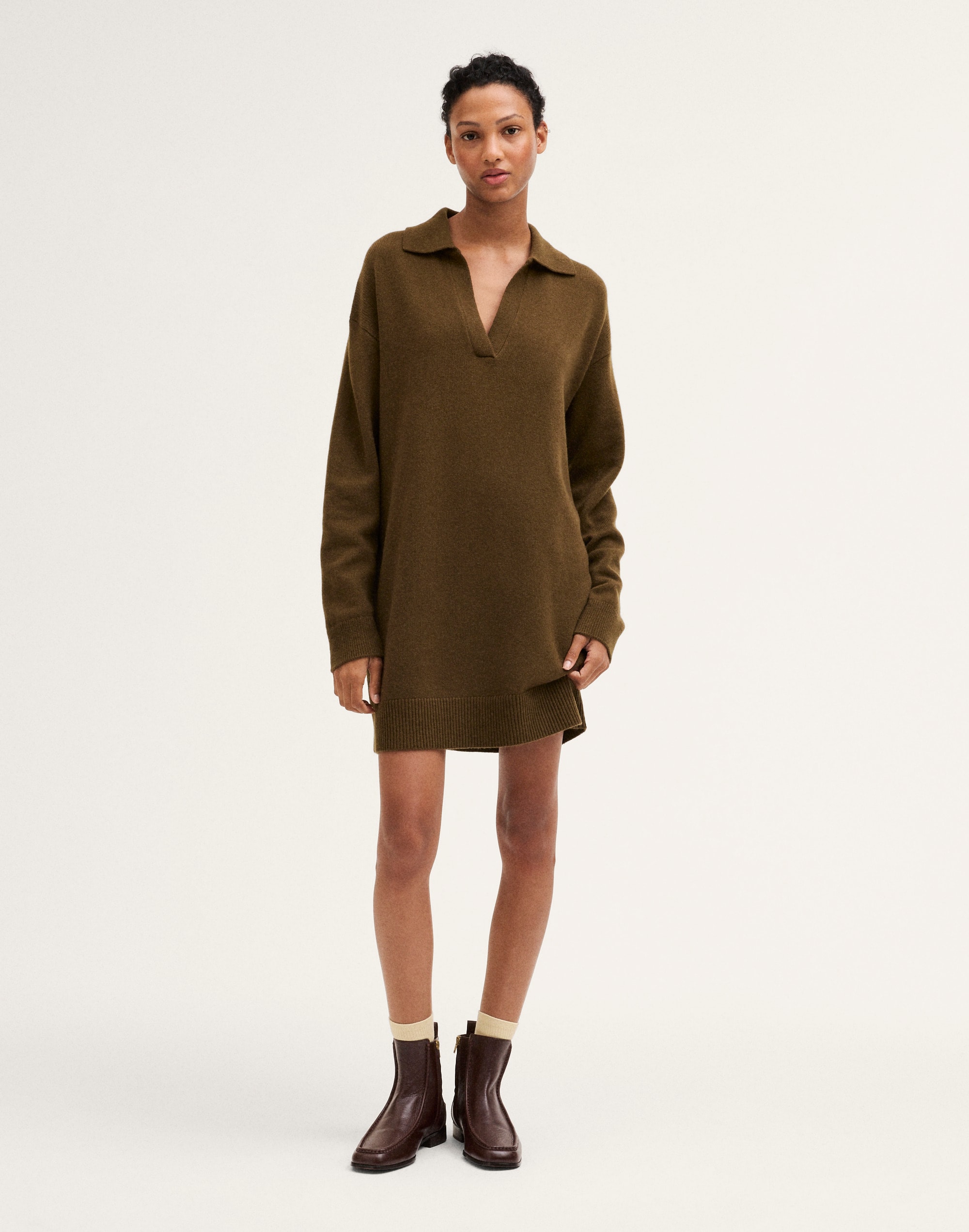 Johnny-Collar Drop-Shoulder Mini Dress