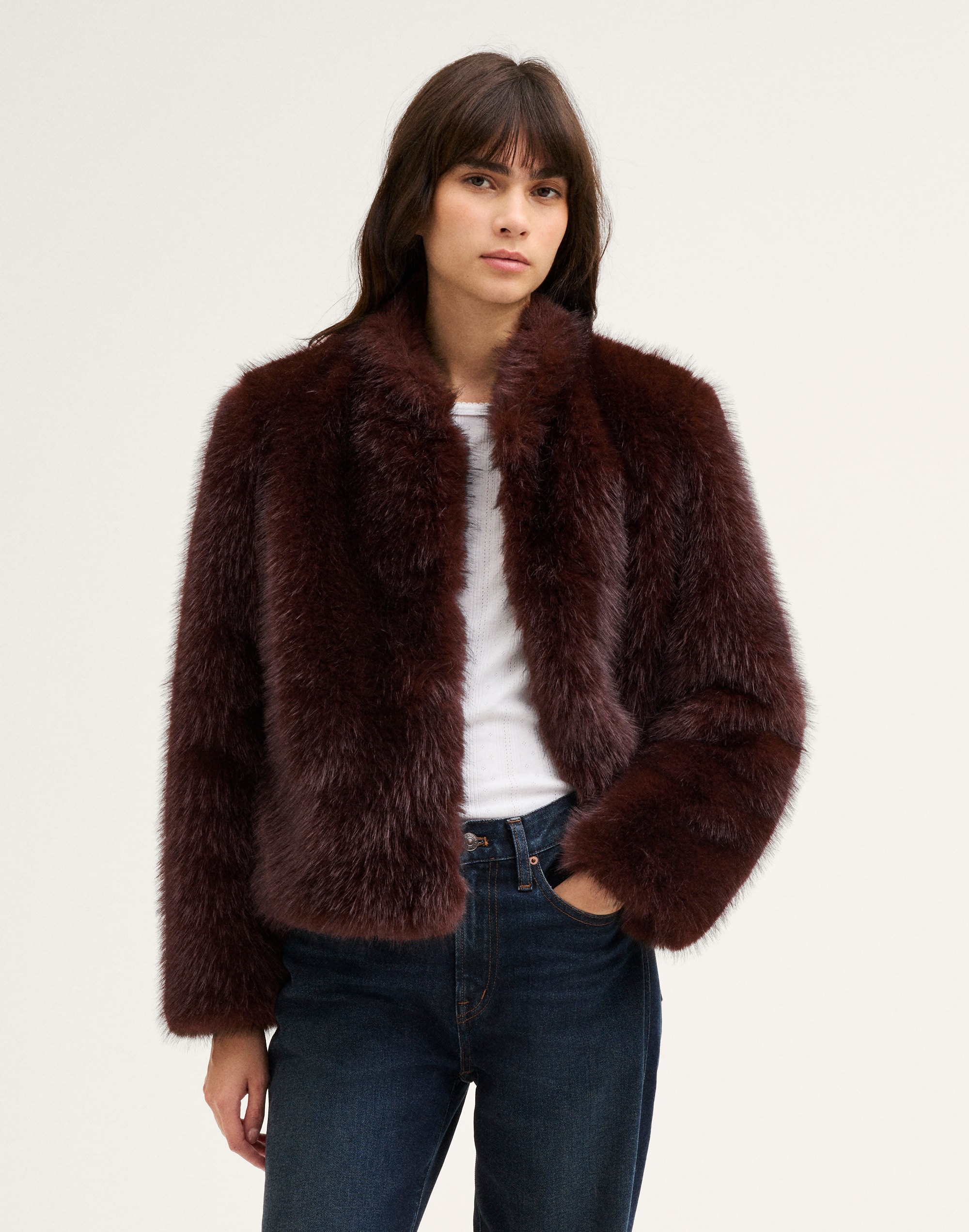 stand-collar jacket in faux fur
