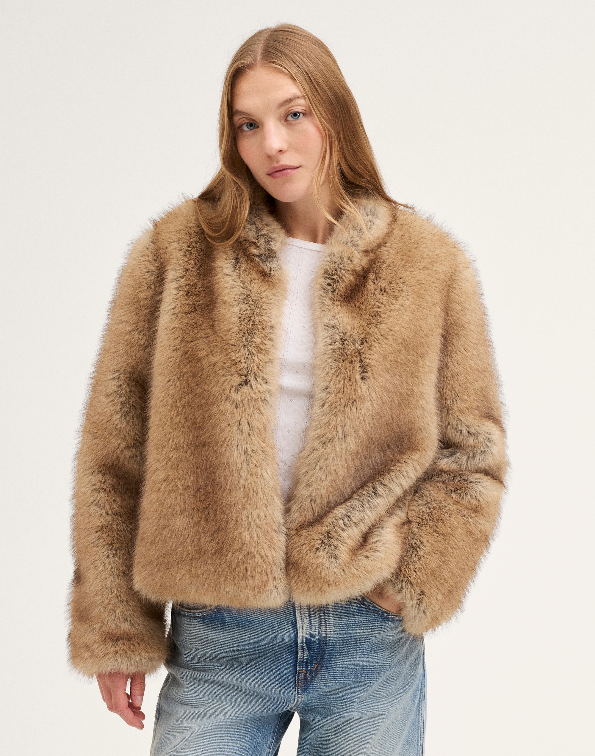 stand-collar jacket in faux fur