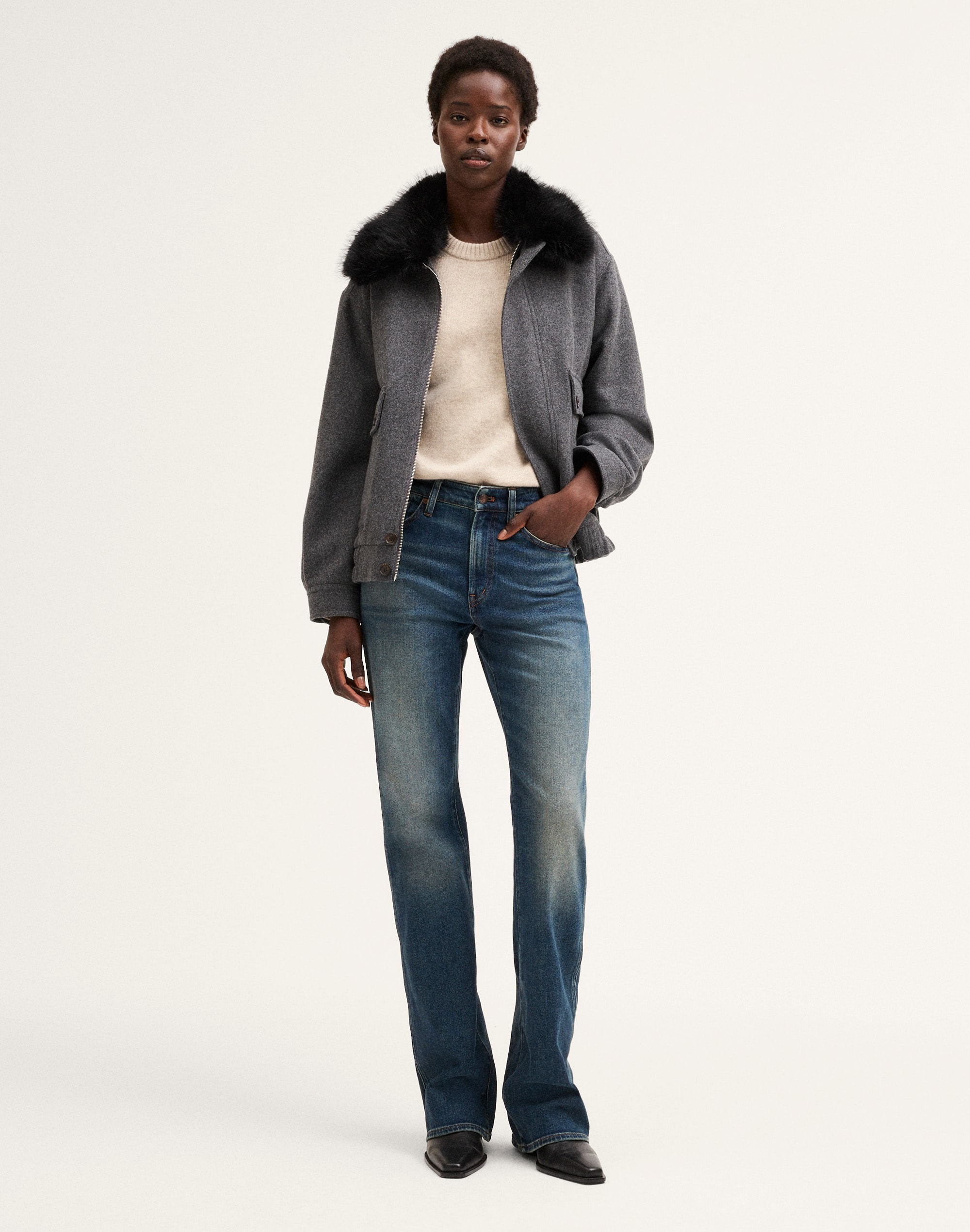Faux-Fur Collar Utility Bomber Jacket