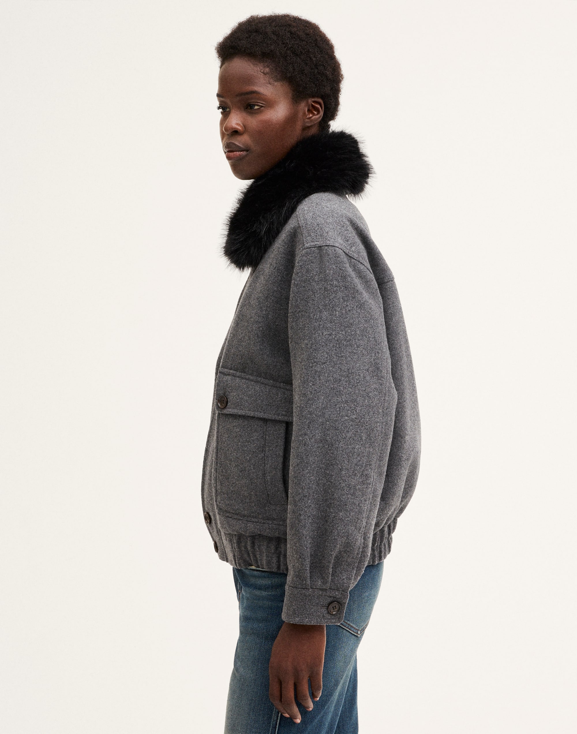 Faux-Fur Collar Utility Bomber Jacket