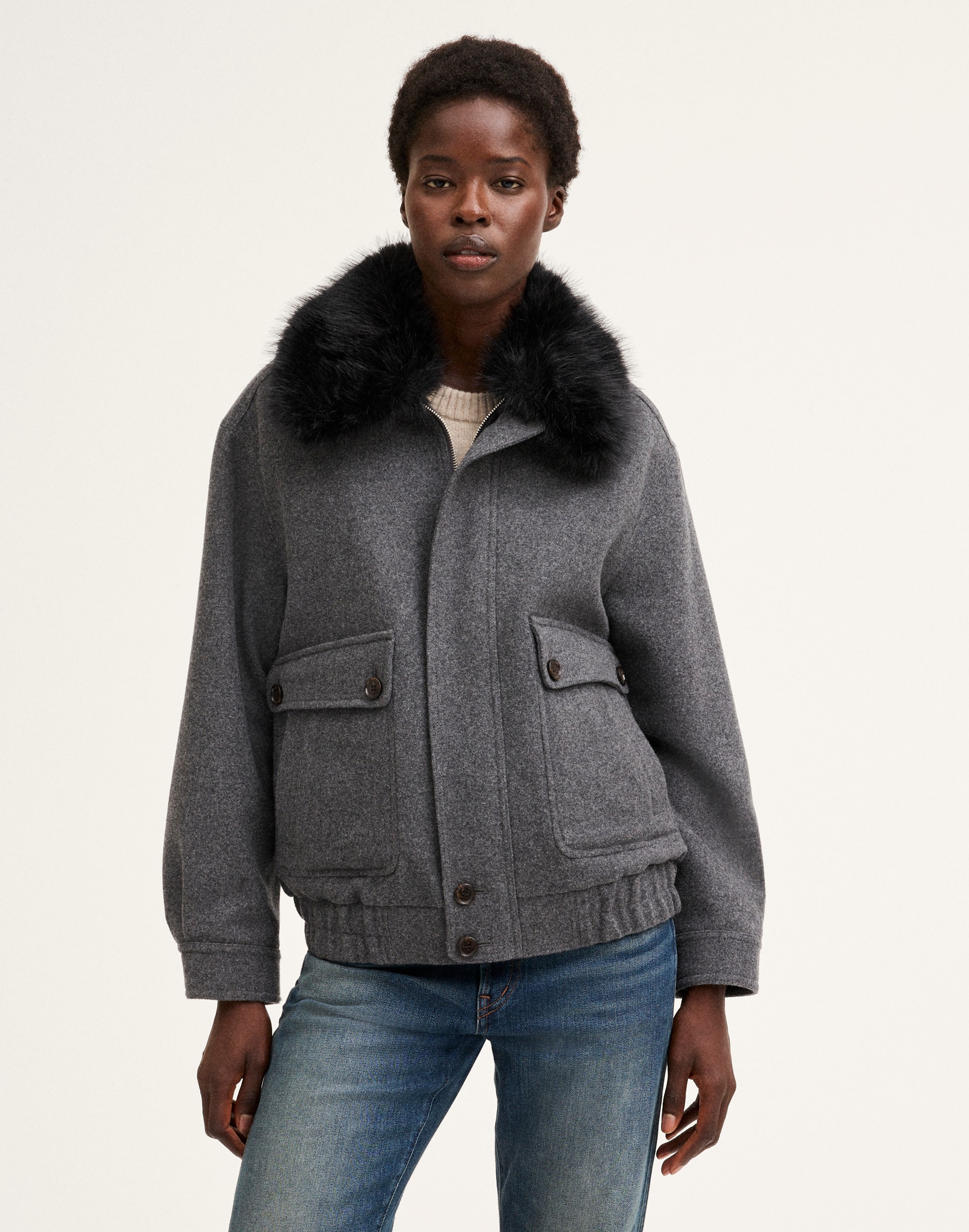 Faux-Fur Collar Utility Bomber Jacket