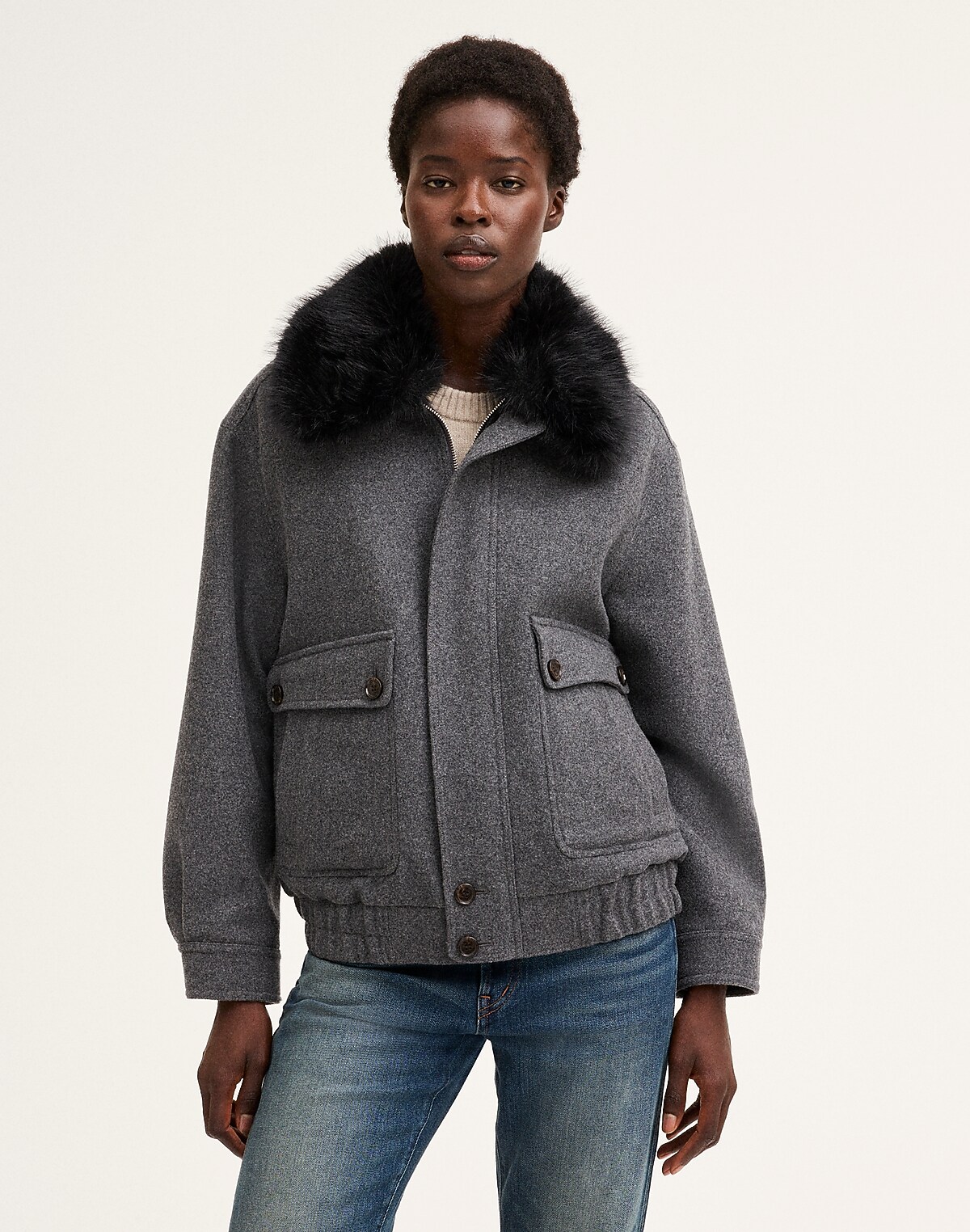 Faux-Fur Collar Utility Bomber Jacket