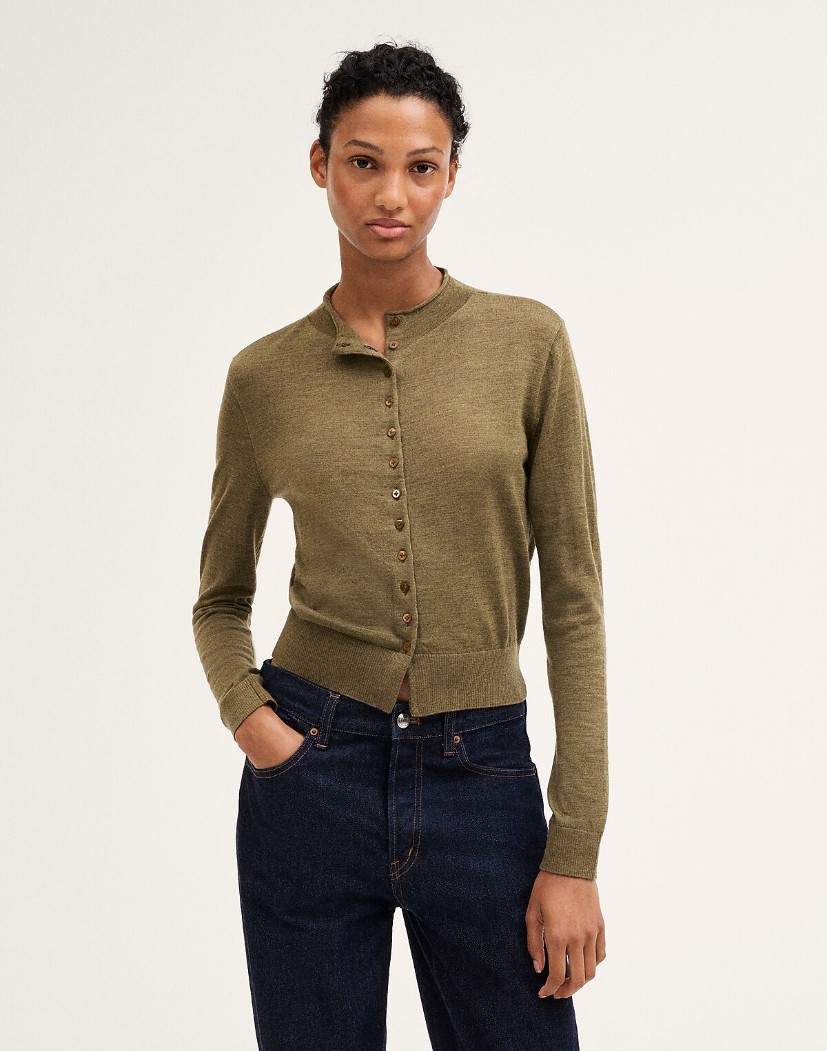 Funnel-Neck Cardigan in 100% Merino Wool