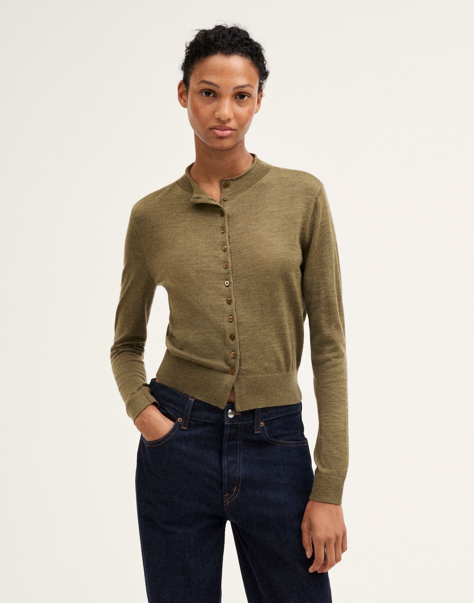 funnel-neck cardigan in 100% merino wool