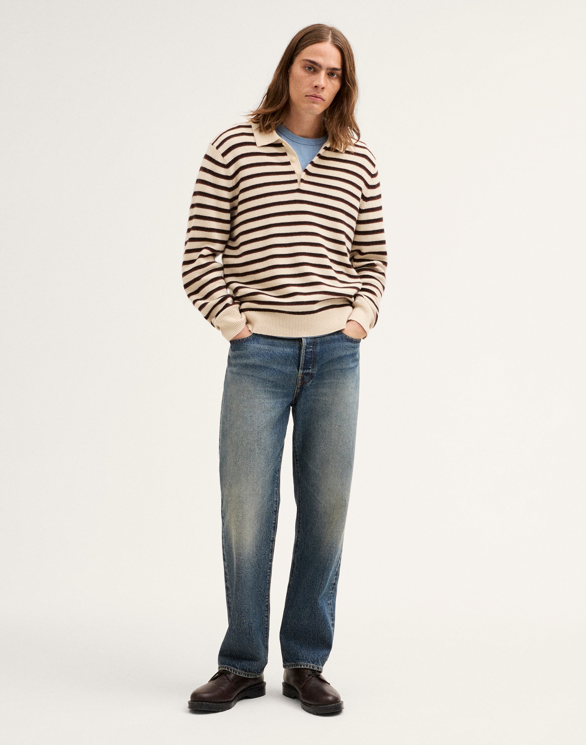 Textured-Stitch Long-Sleeve Polo in Harbor Wool Blend