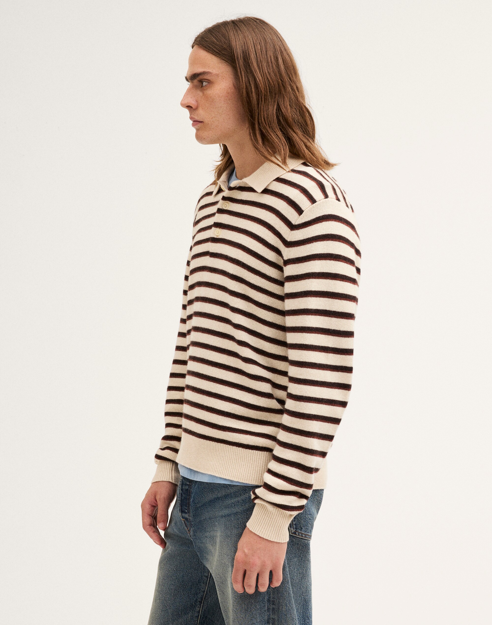 Textured-Stitch Long-Sleeve Polo in Harbor Wool Blend