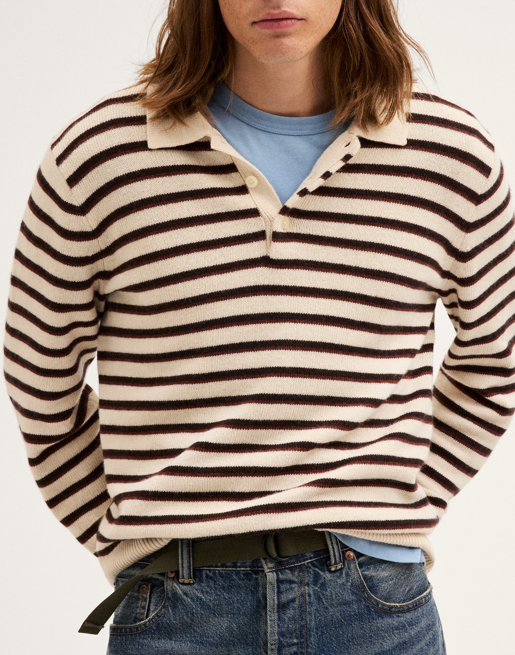 Textured-Stitch Long-Sleeve Polo in Harbor Wool Blend