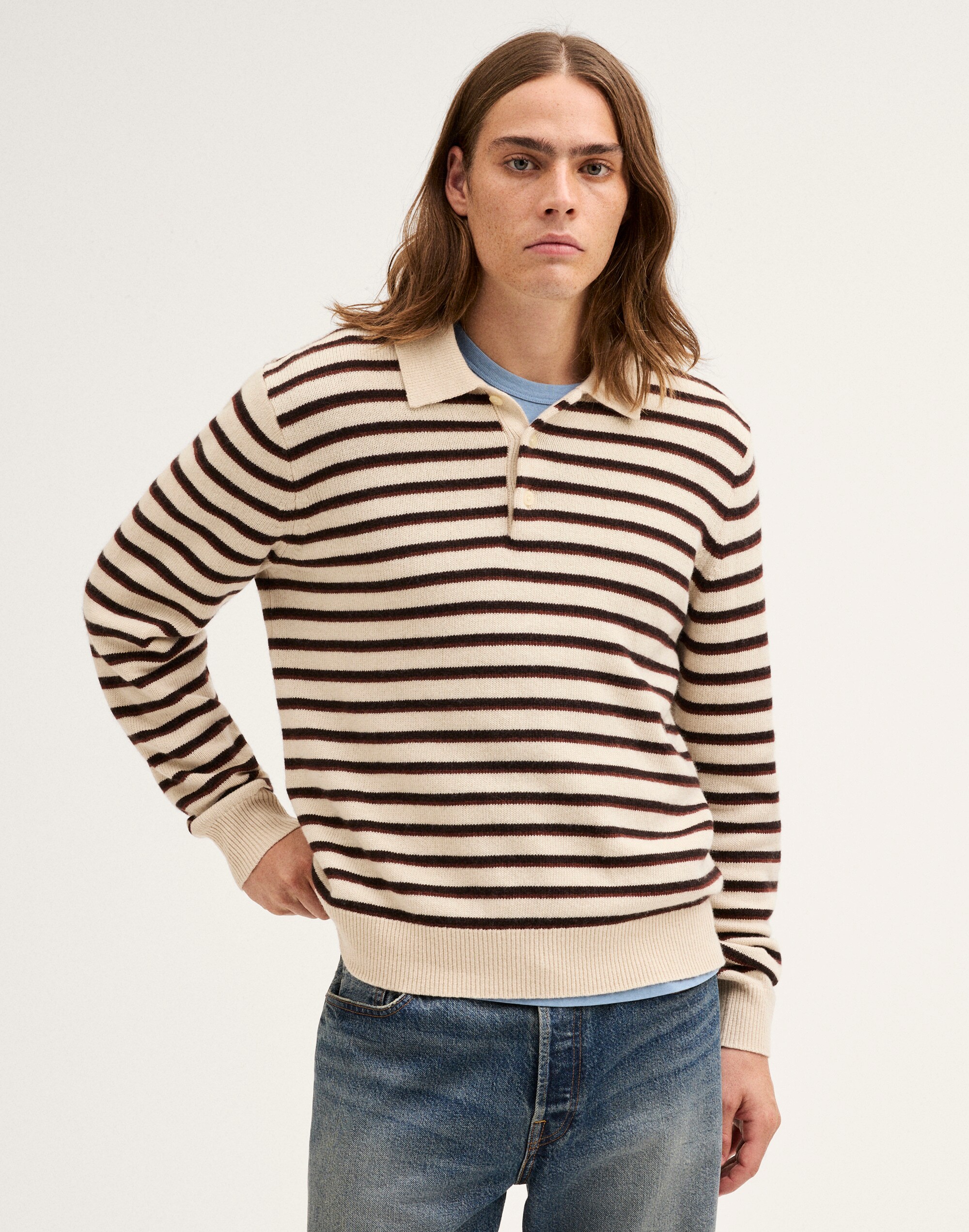 Textured-Stitch Long-Sleeve Polo in Harbor Wool Blend