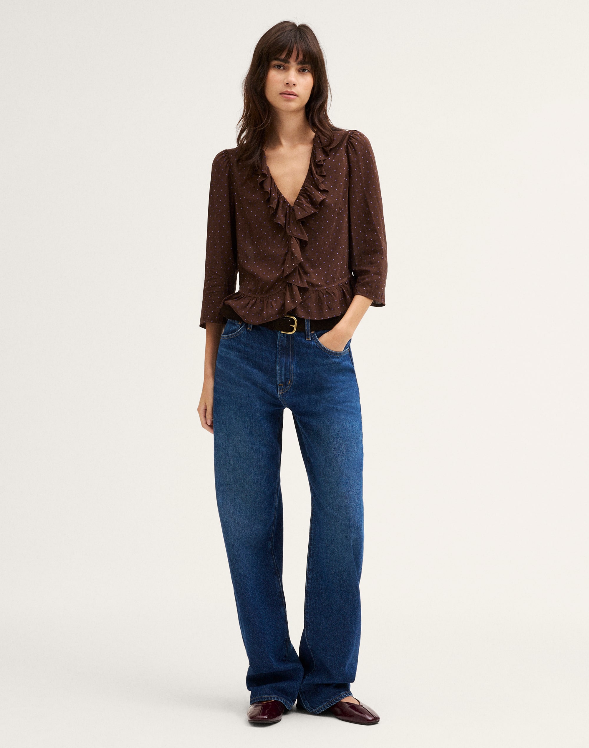 Ruffled V-Neck Shrunken Top