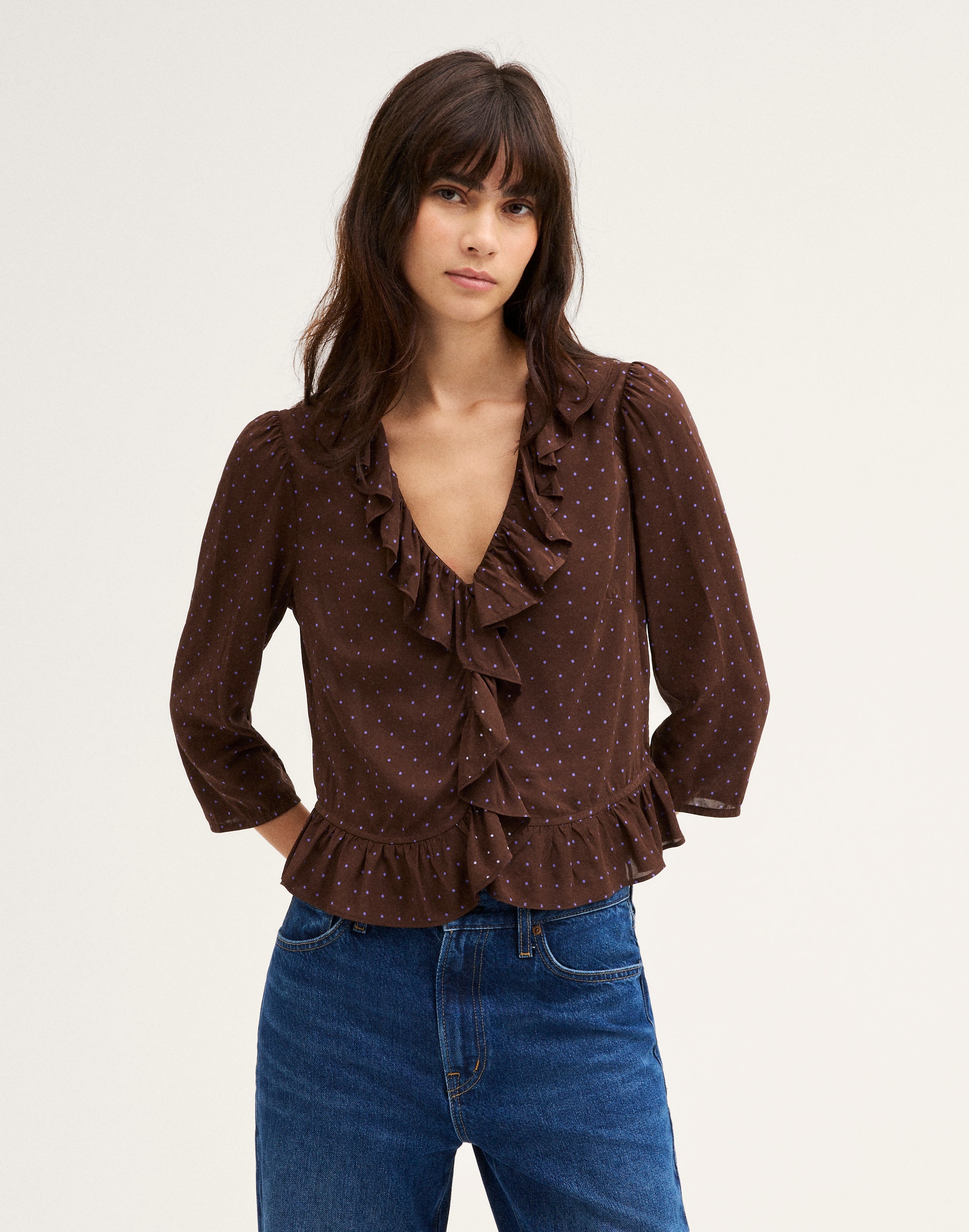 Ruffled V-Neck Shrunken Top
