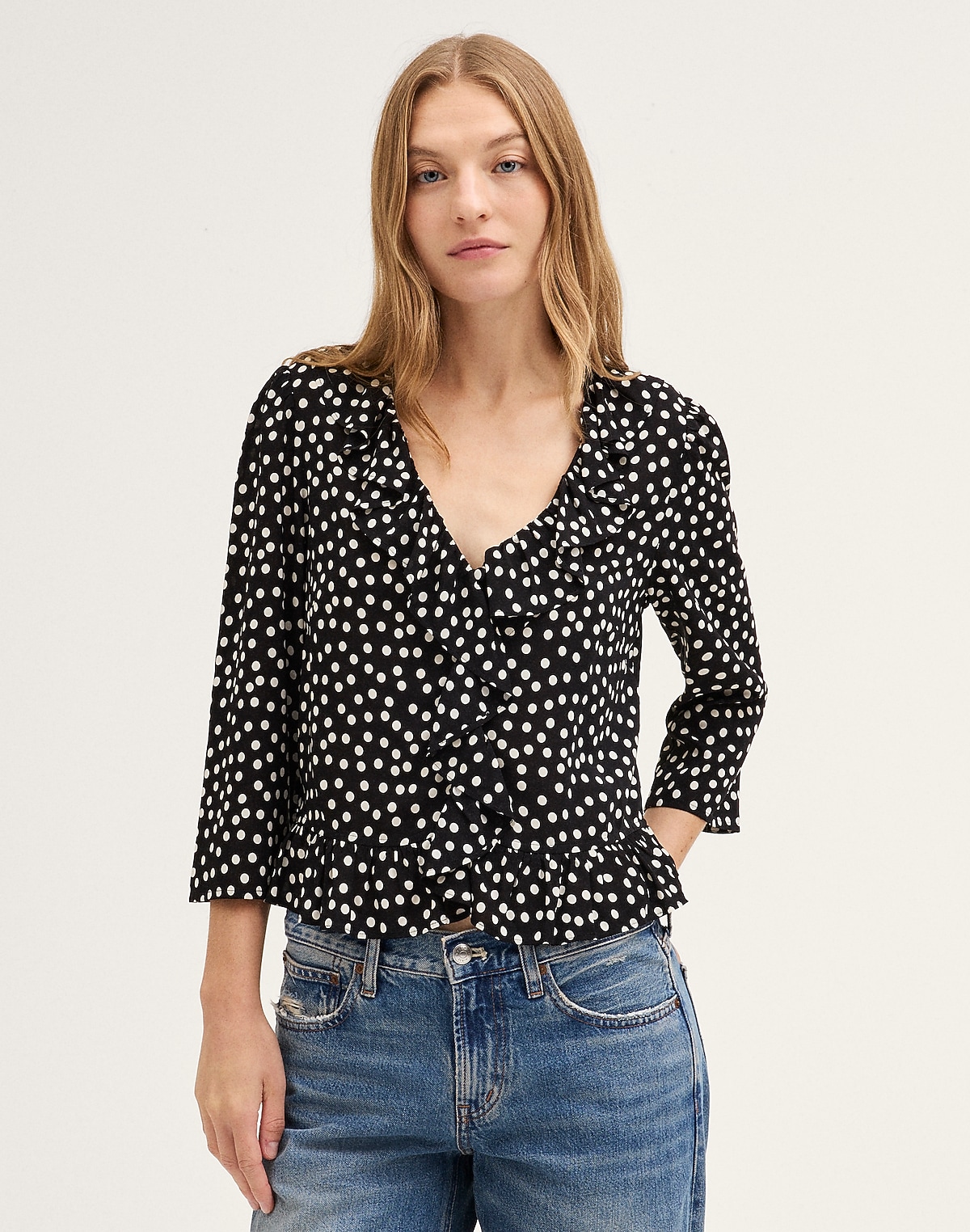 Ruffled V-Neck Shrunken Top