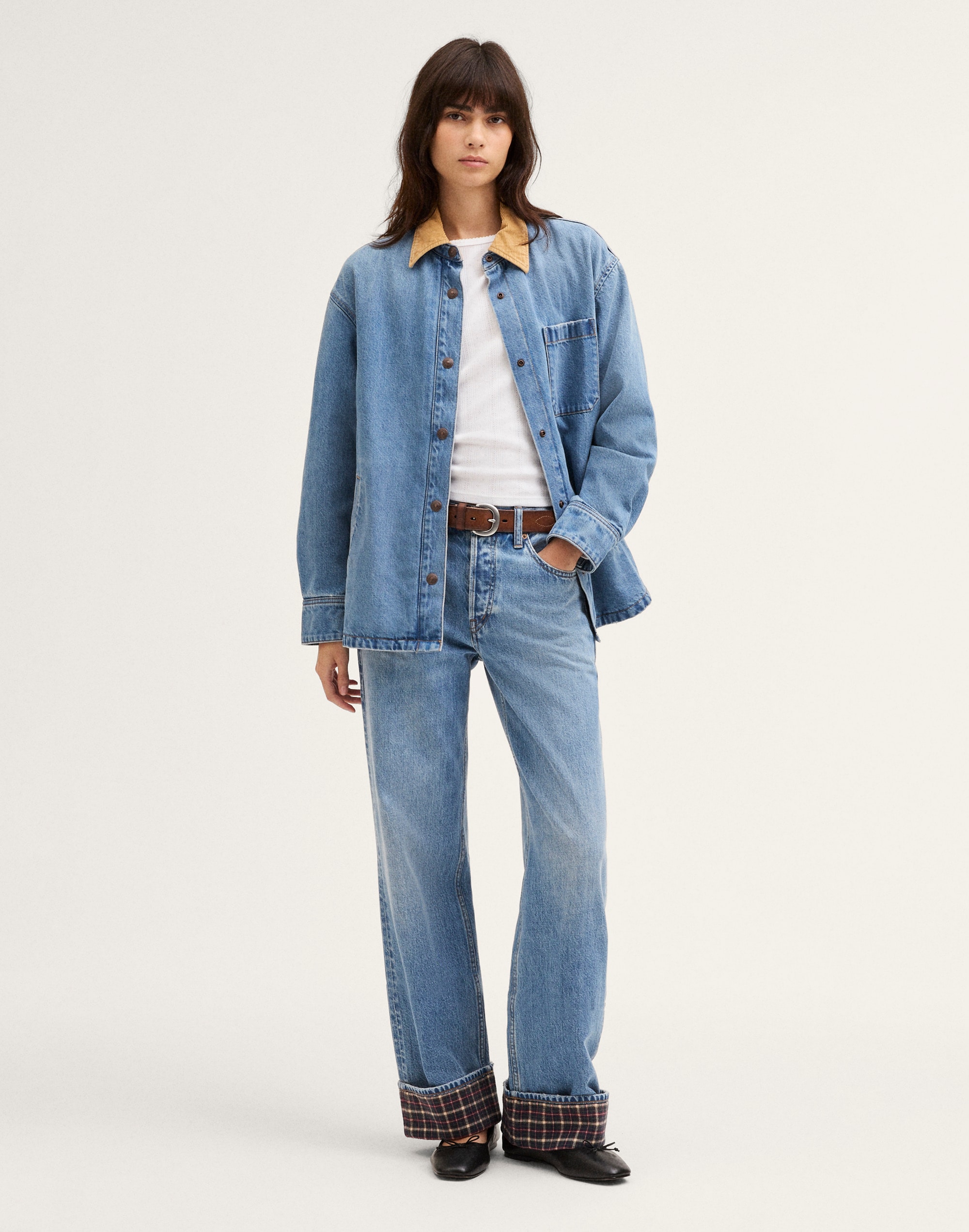 Corduroy-Collar Denim Shirt-Jacket
