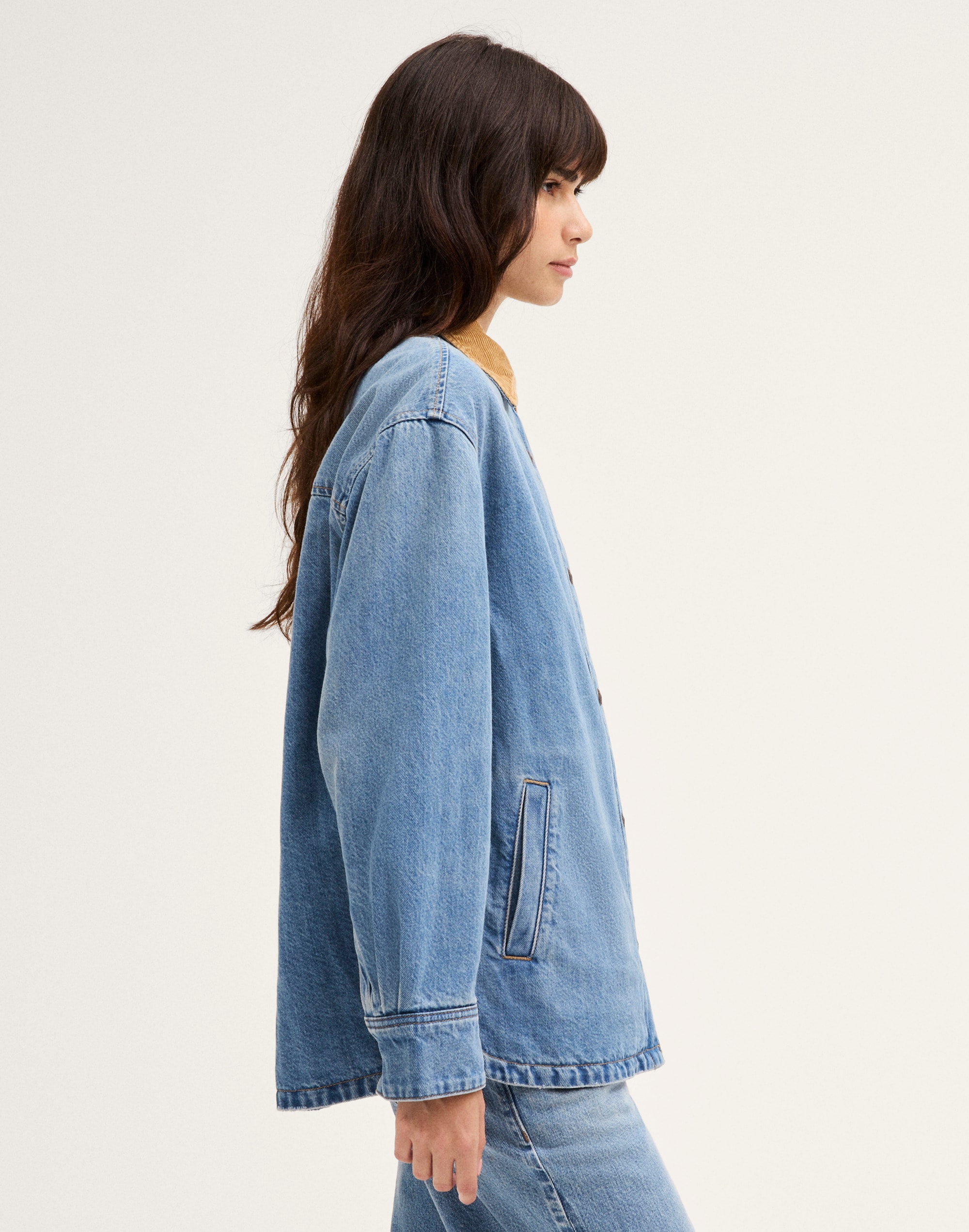 Corduroy-Collar Denim Shirt-Jacket