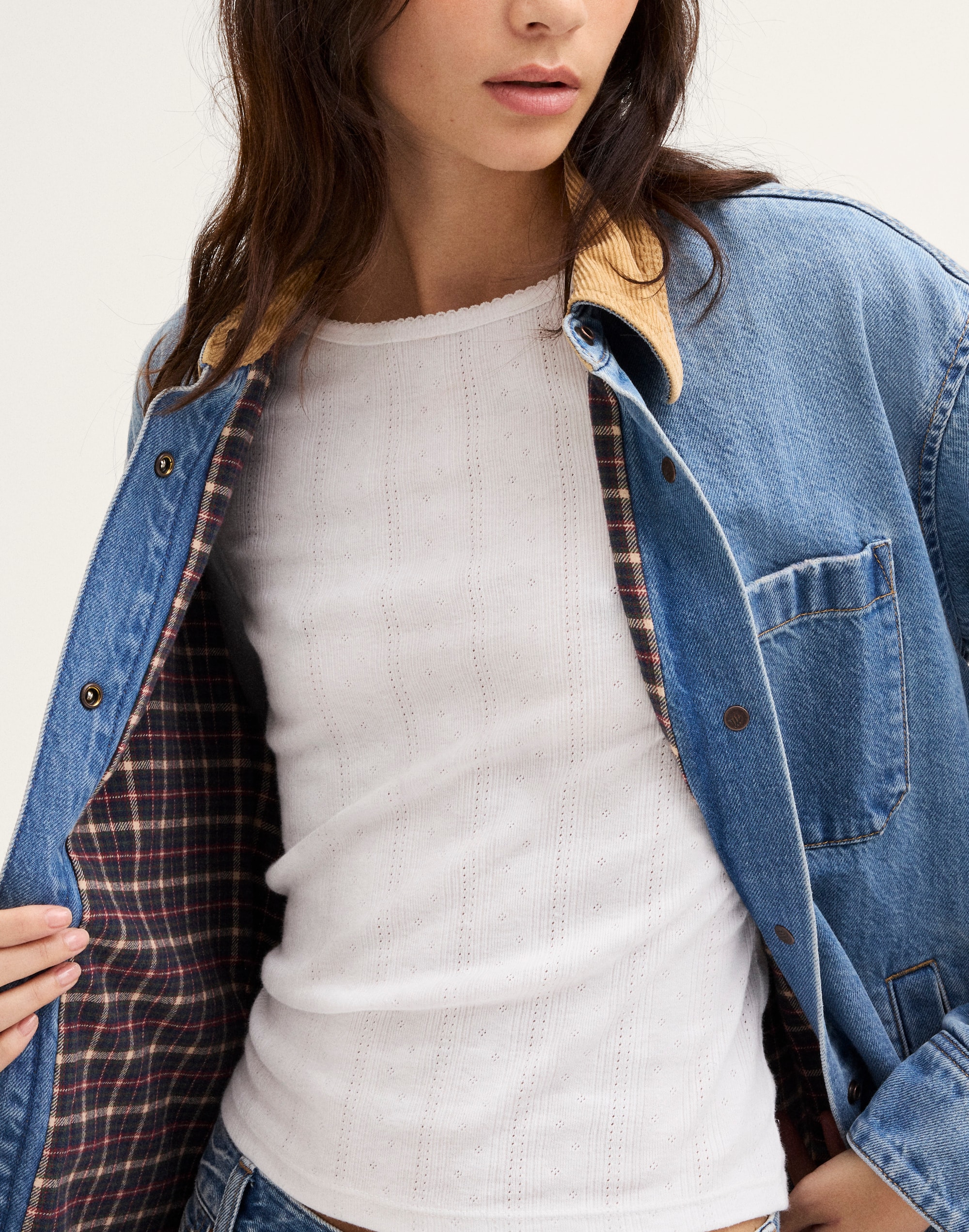 Corduroy-Collar Denim Shirt-Jacket