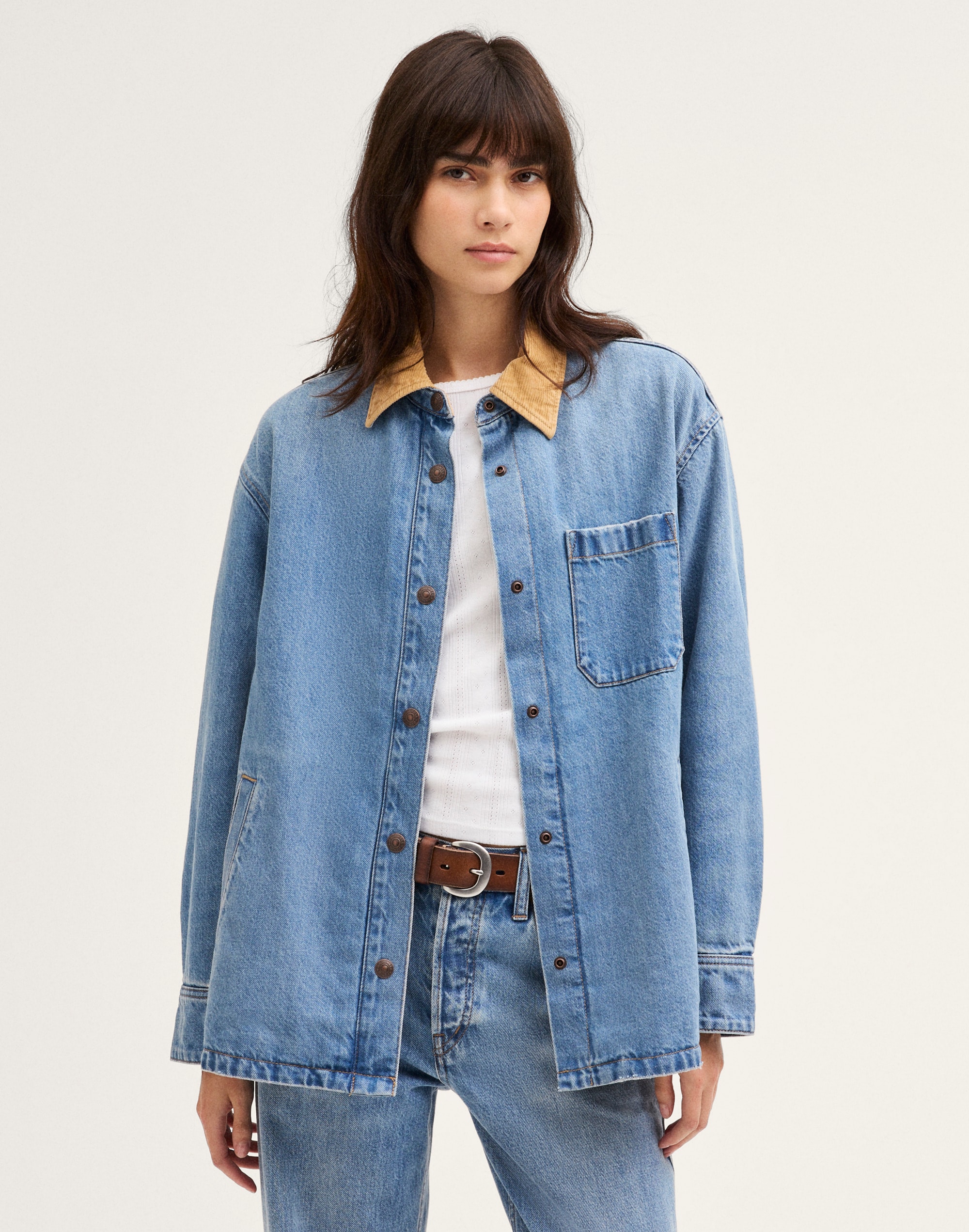Corduroy-Collar Denim Shirt-Jacket