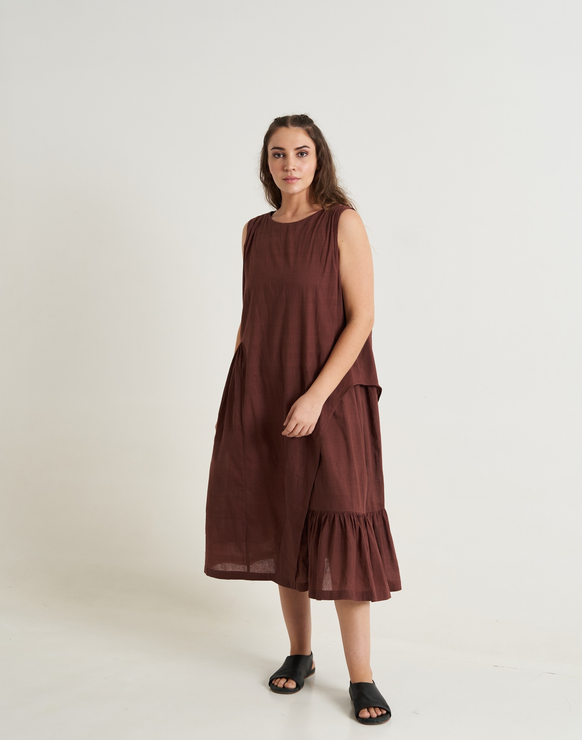 World of Crow Cocoa Brown Pleated Twirl Dress