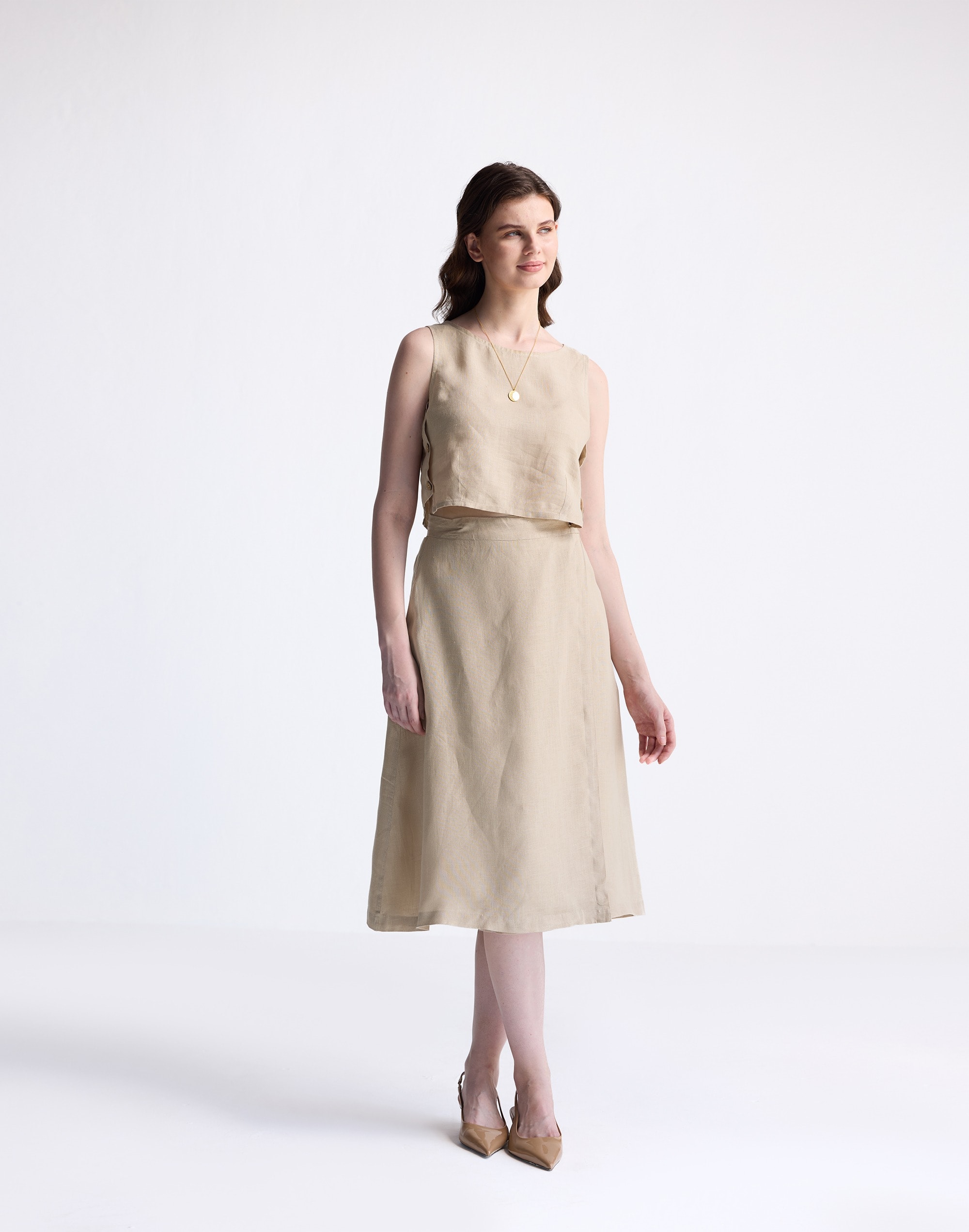reistor&reg; overlap midi skirt in 100% neutral beige hemp