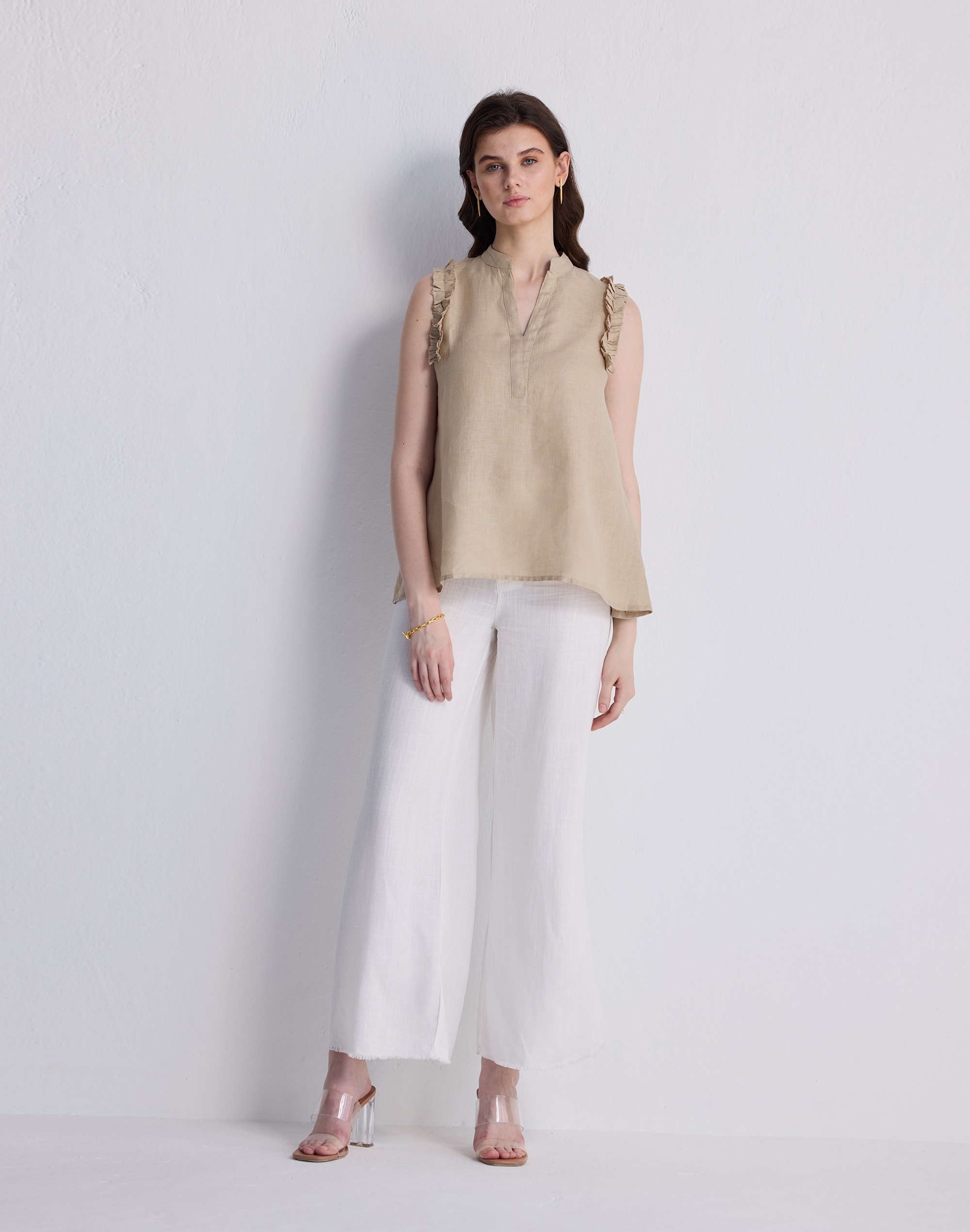 reistor&reg; sleeveless 100% hemp top with ruffles in neutral beige