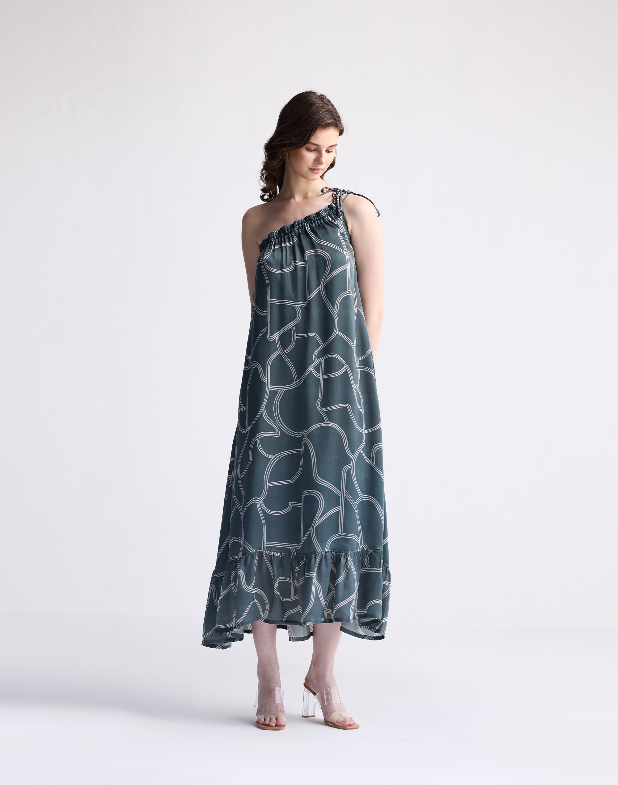 reistor&reg; one shoulder midi dress in abstract stripes